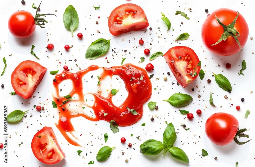 An organic pure drip texture of mashed tomatoes is isolated on a white background. An organic pure drip texture of mashed tomatoes is isolated on a white background.