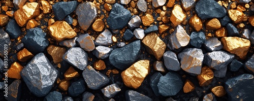 Stunning close-up of gold and silver rocks contrasting against a sleek black background, showcasing natural beauty and elegance. Perfect for luxury and geology themes. photo