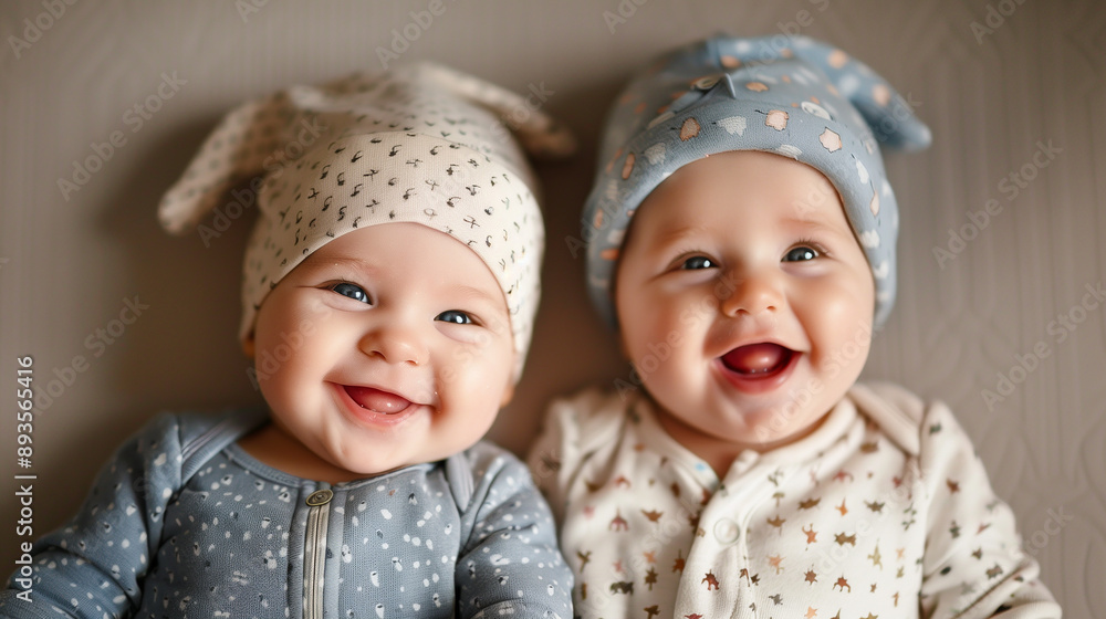 Two babies wearing hats and smiling. Scene is happy and cheerful. The babies are sitting close to each other, and their smiles suggest that they are enjoying each other's company Two babies wearing hats and smiling. Scene is happy and cheerful. The babies are sitting close to each other, and their smiles suggest that they are enjoying each other's company