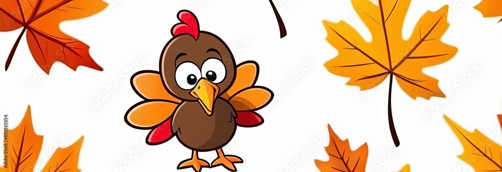 Obraz premium Cute Cartoon Turkey Bird. Happy thanksgiving day. Banner, poster or greeting card design. With pumpkins and falling leaves 