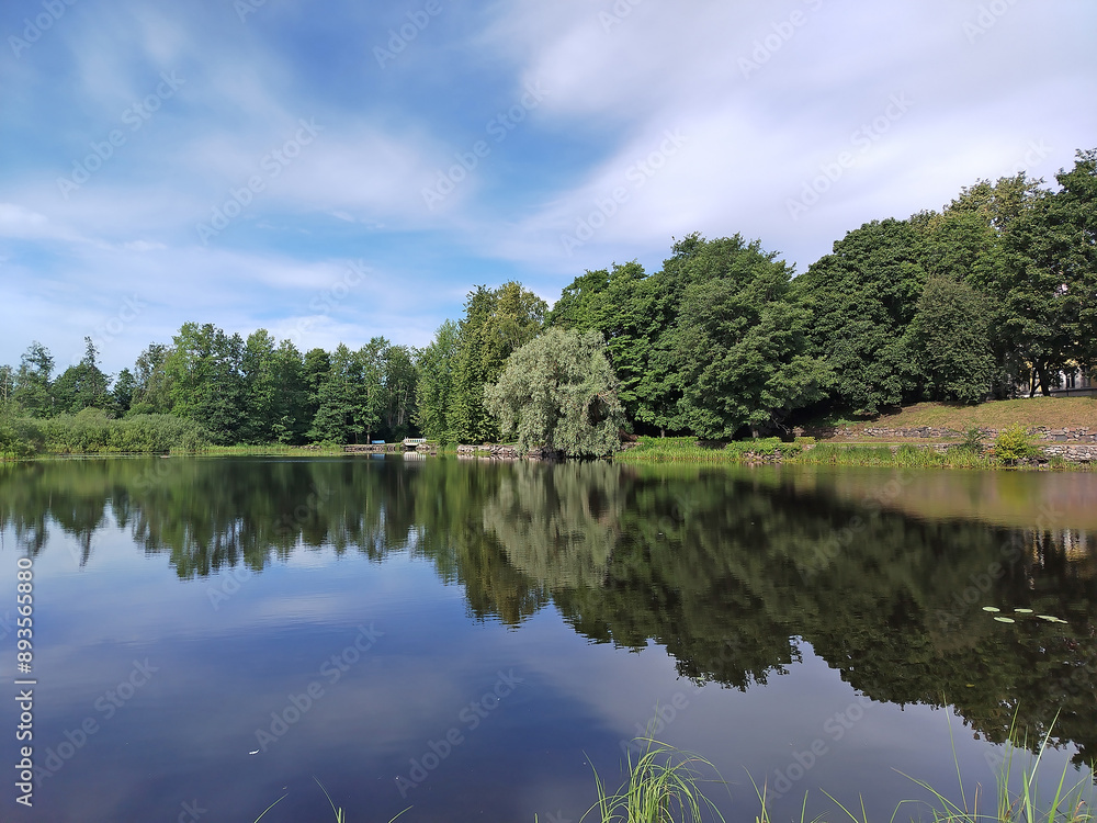 A blue lake on the shore has green trees that are reflected in the water, on a sunny day with a blue sky and white clouds. A blue lake on the shore has green trees that are reflected in the water, on a sunny day with a blue sky and white clouds.