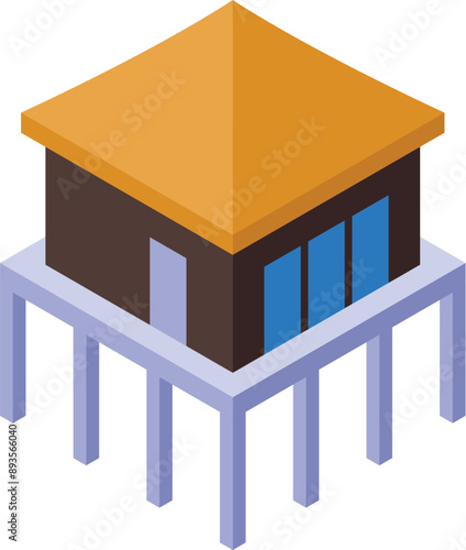 Isometric icon of a modern bungalow standing on stilts over water