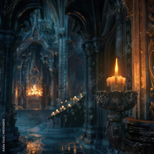 atmospheric scene of glowing candle in ornate cathedral setting casting warm light on intricate architectural details solemn and spiritual ambiance for all saints day