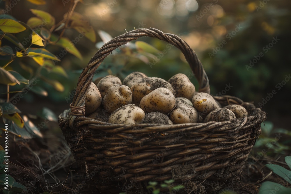 Close-up of a harvested potatoes in a wicker basket, set against a natural, leafy background Close-up of a harvested potatoes in a wicker basket, set against a natural, leafy background