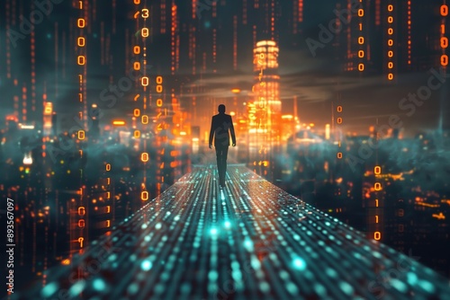 Businessman Navigating Digital Cityscape