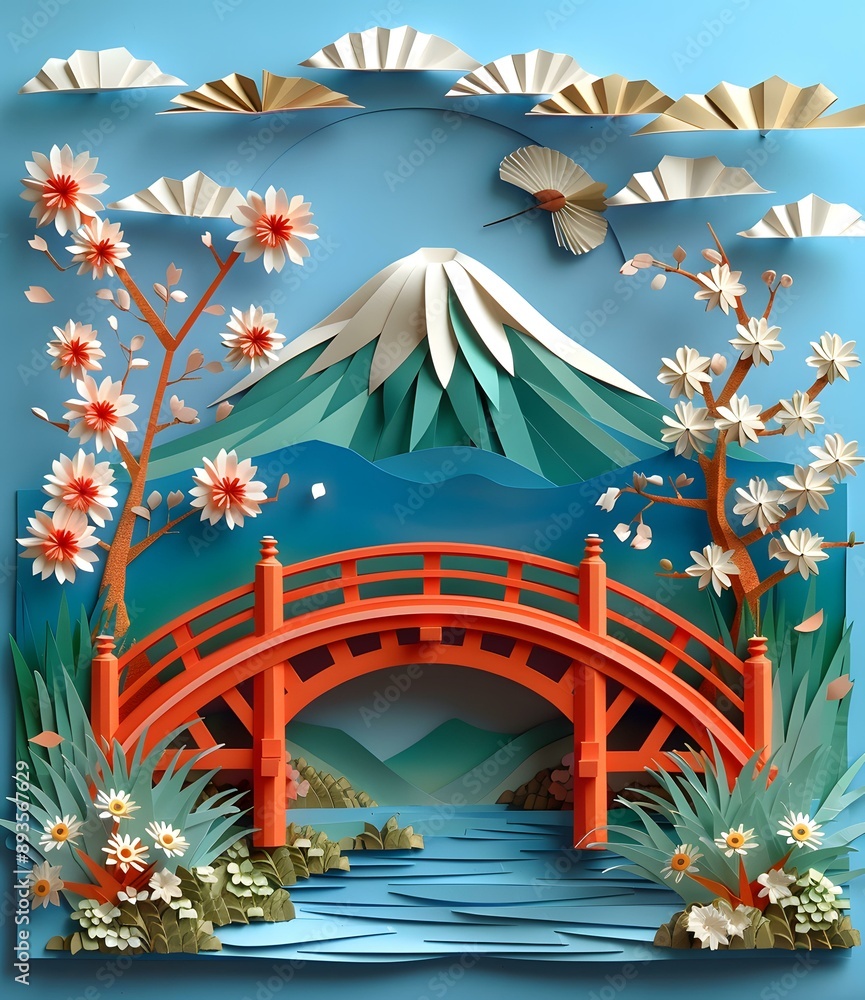 A paper cut illustration of a bridge in Japan with a mountain and cherry blossoms A paper cut illustration of a bridge in Japan with a mountain and cherry blossoms
