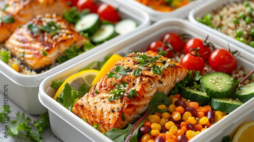 Healthy meal prep in white plastic containers, grilled salmon, mixed vegetables, quinoa, salad greens, colorful food assortment, balanced diet, portion control. © horizon