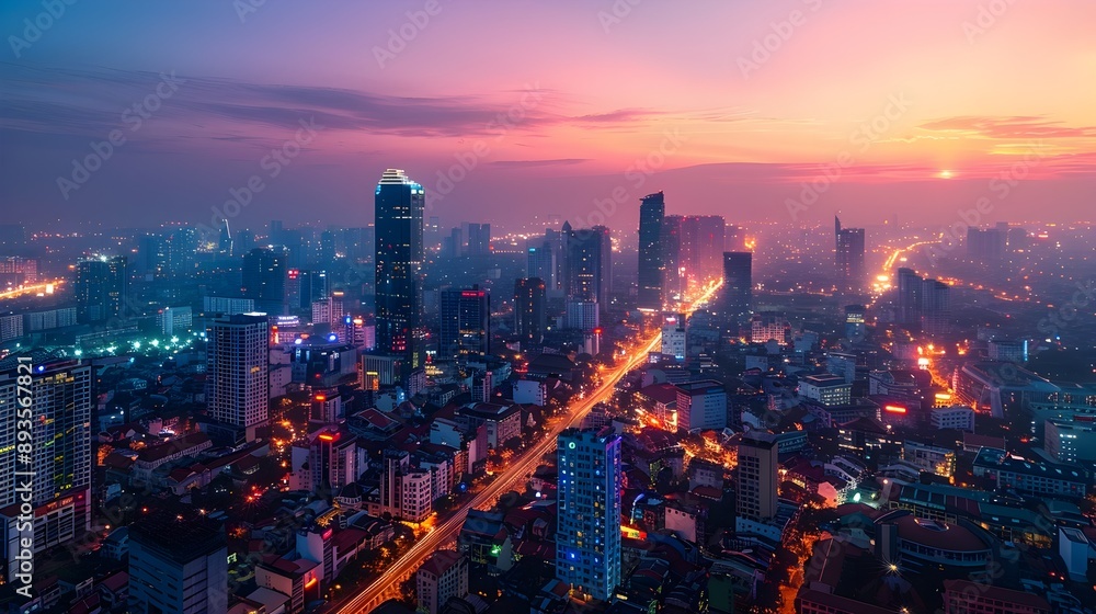 Fototapeta premium Aerial Cityscape of Bustling Metropolis With Towering Skyscrapers and Glowing Lights at Night