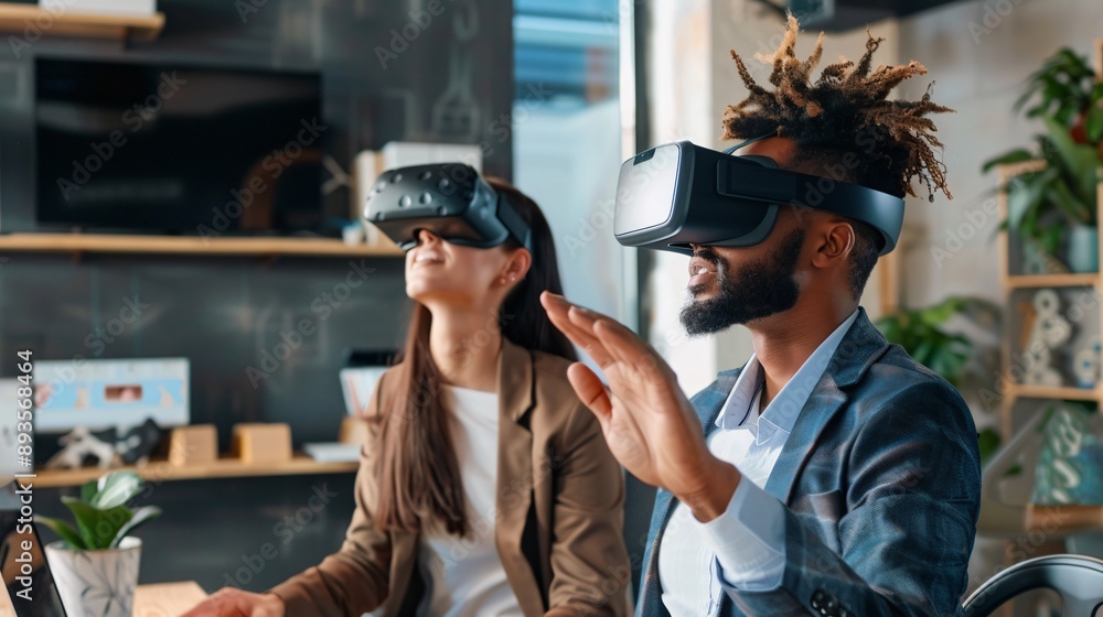 Team of professionals conducting a virtual reality workshop, with modern office decor Team of professionals conducting a virtual reality workshop, with modern office decor
