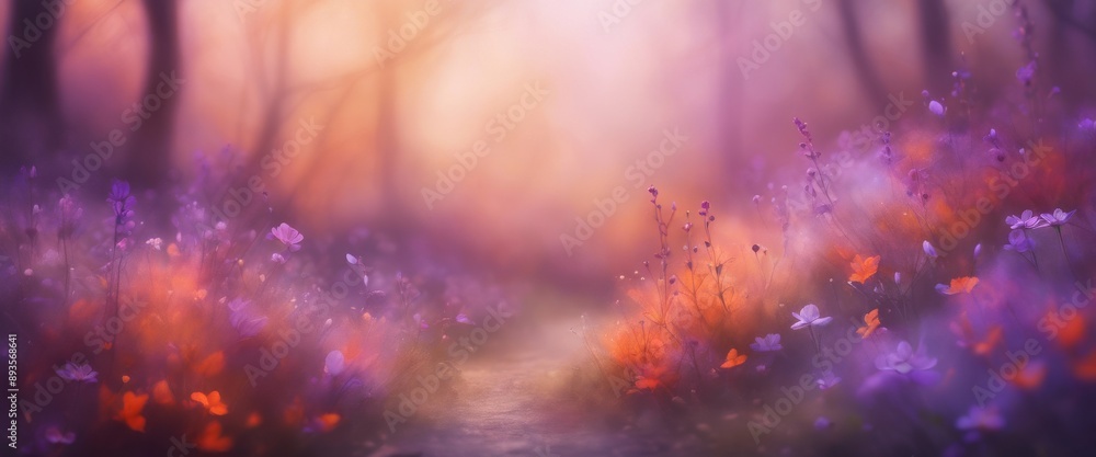 image of violet and orange flowers on a blurred forest background image of violet and orange flowers on a blurred forest background