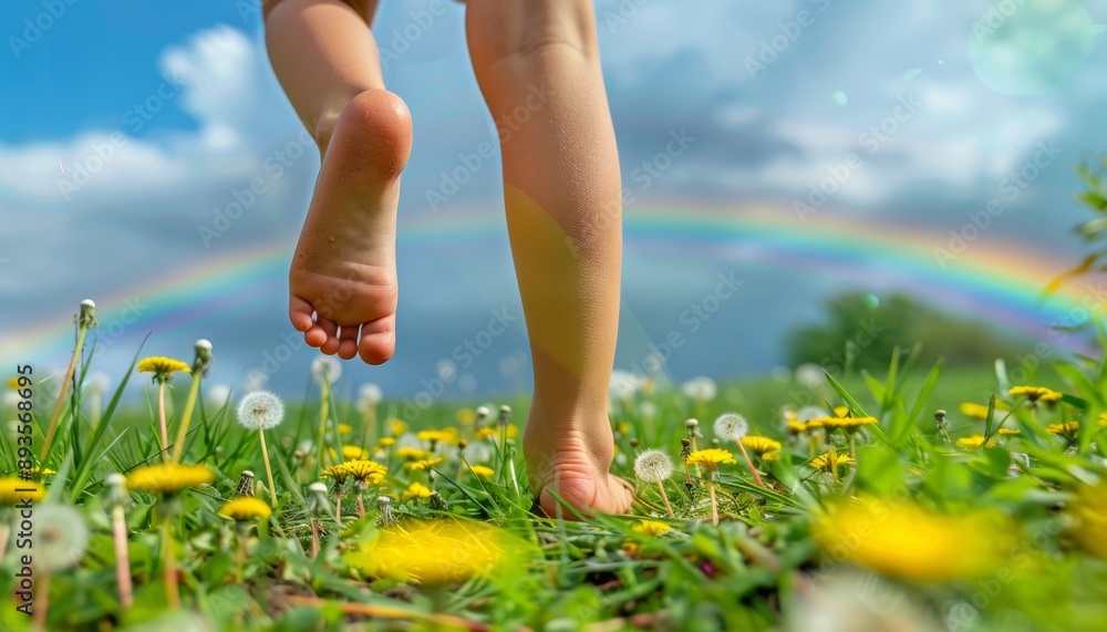 Children's bare feet run across a green lawn with dandelions. Children's bare feet run across a green lawn with dandelions.