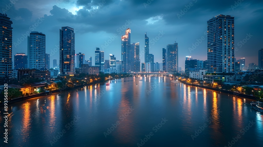 Fototapeta premium Stunning Nighttime Cityscape with Tall Buildings Reflecting on River