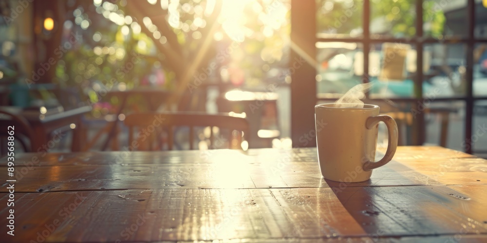 A cup of coffee sits alone on a wooden table, perfect for a quiet morning moment A cup of coffee sits alone on a wooden table, perfect for a quiet morning moment