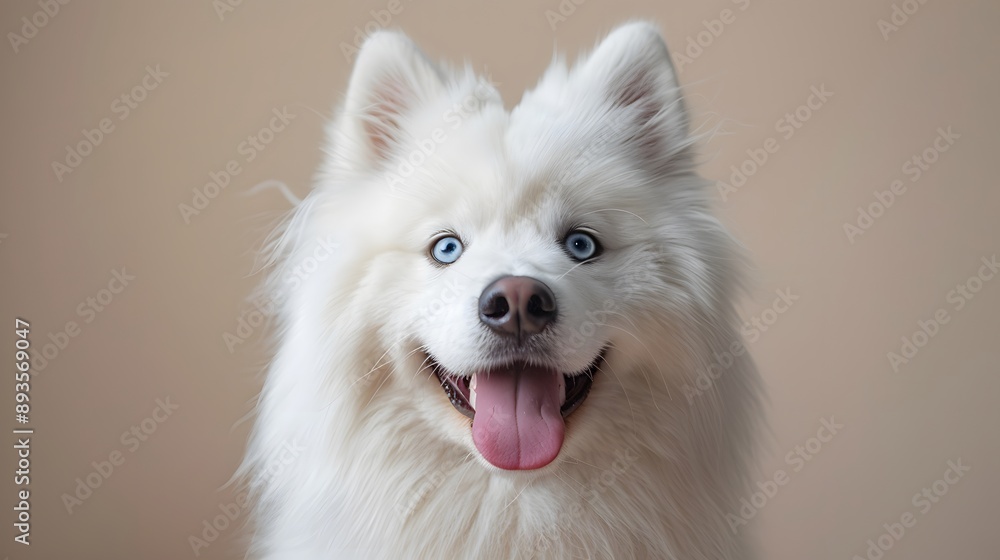 Smiling Samoyed dog portrait, light beige background, fluffy white fur, bright blue eyes, pink tongue out, cheerful expression, studio photography, soft lighting. Smiling Samoyed dog portrait, light beige background, fluffy white fur, bright blue eyes, pink tongue out, cheerful expression, studio photography, soft lighting.