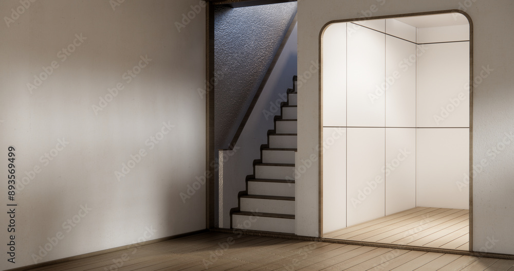 Fototapeta premium Stairs wooden in modern room with white wall with wood wall design.