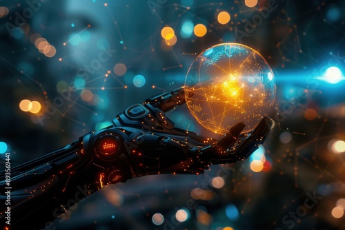 Robotic Hand Holding Digital Globe of Connections