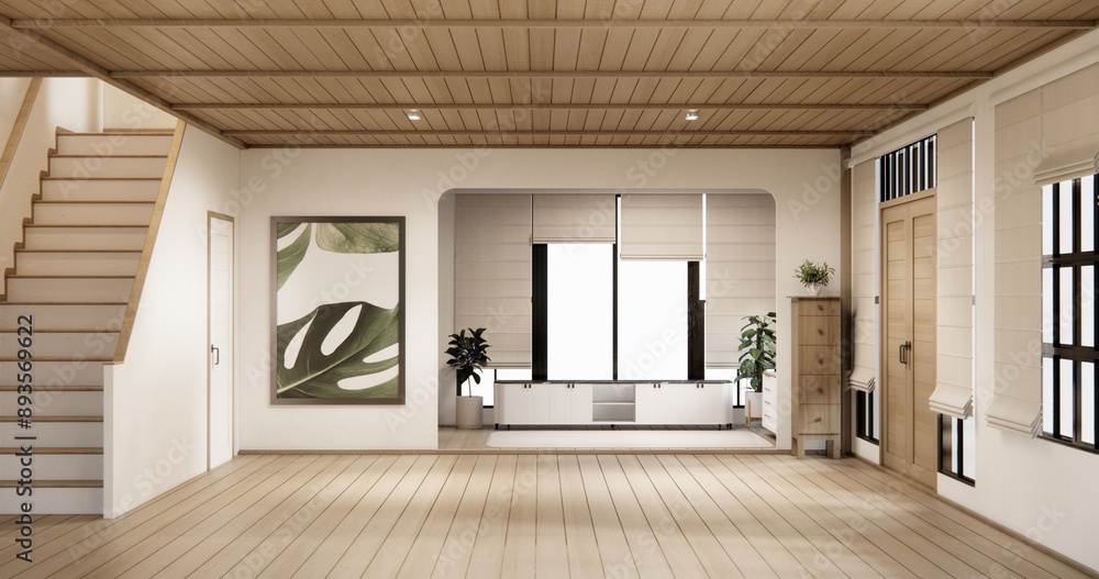 Fototapeta premium Stairs wooden in modern room with white wall with wood wall design.
