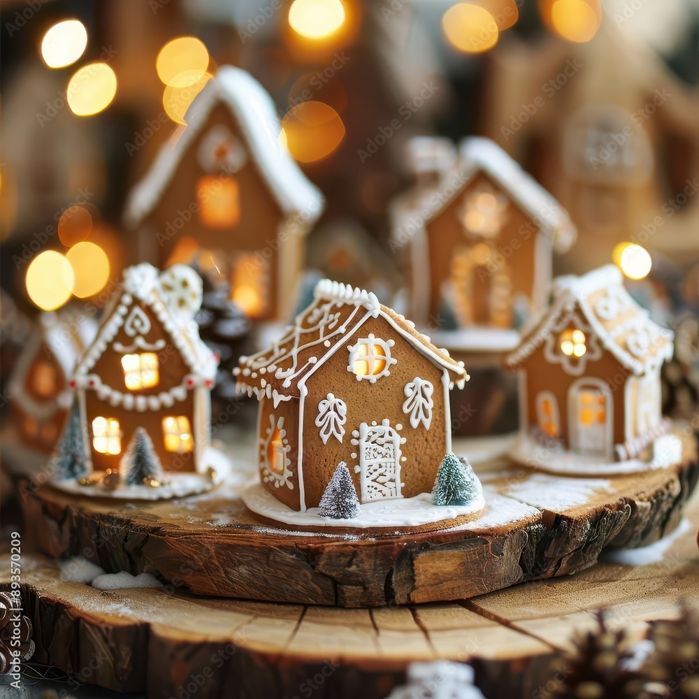 charming array of miniature gingerbread houses on rustic wooden table warm golden bokeh lights create cozy holiday atmosphere intricate icing details and candy decorations charming array of miniature gingerbread houses on rustic wooden table warm golden bokeh lights create cozy holiday atmosphere intricate icing details and candy decorations