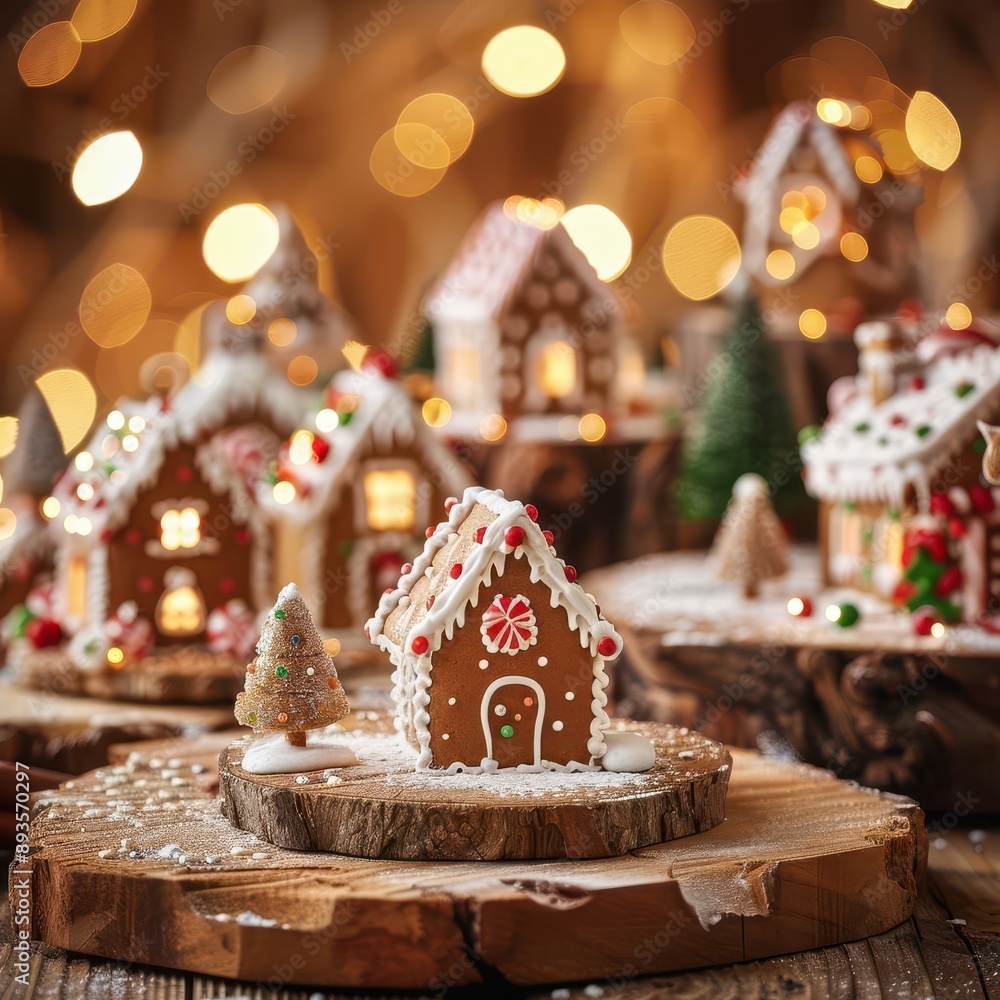 charming array of miniature gingerbread houses on rustic wooden table warm golden bokeh lights create cozy holiday atmosphere intricate icing details and candy decorations charming array of miniature gingerbread houses on rustic wooden table warm golden bokeh lights create cozy holiday atmosphere intricate icing details and candy decorations