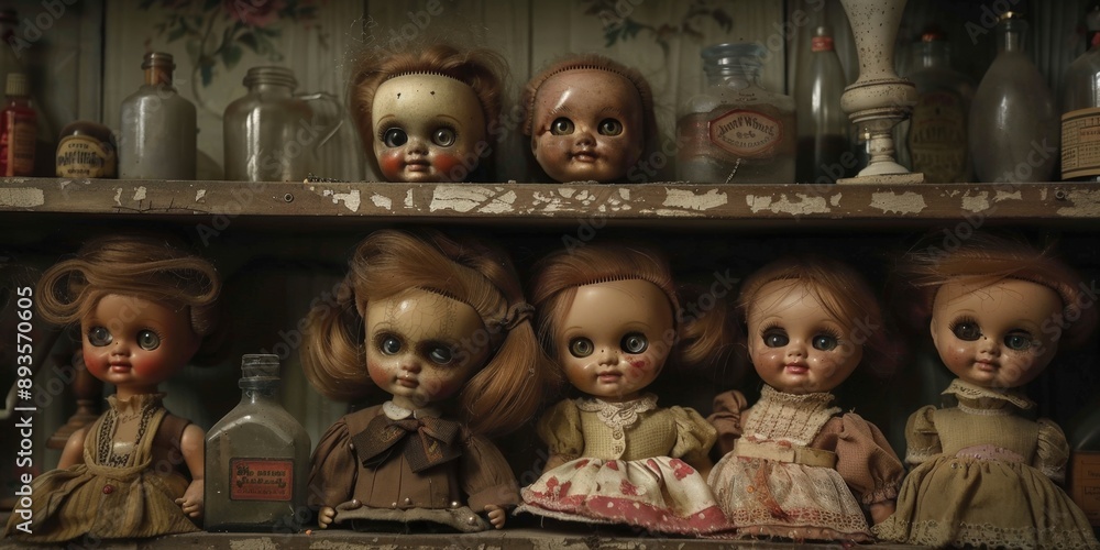 Fototapeta premium Creepy Vintage Dolls on Shelf