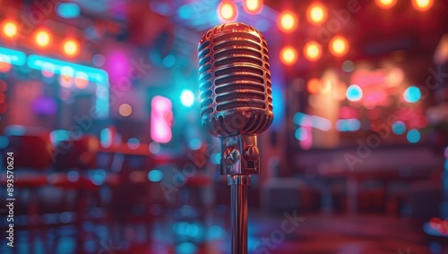 Vintage Microphone in a Neon-Lit Bar