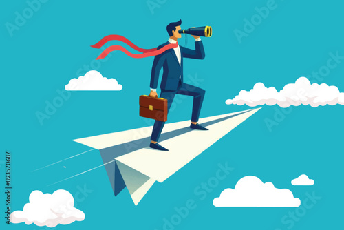 Animation of a businessman flying on a paper airplane