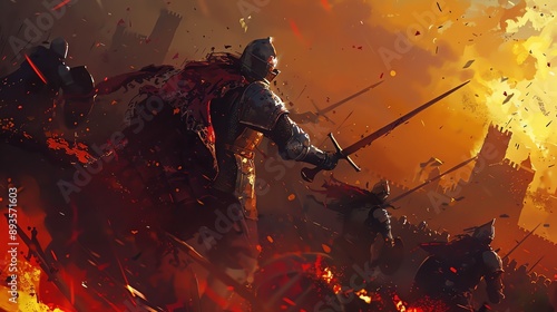 Epic medieval battlefield scene with knights in armor and swords clashing amidst flames and destruction, depicting intense historical warfare. photo