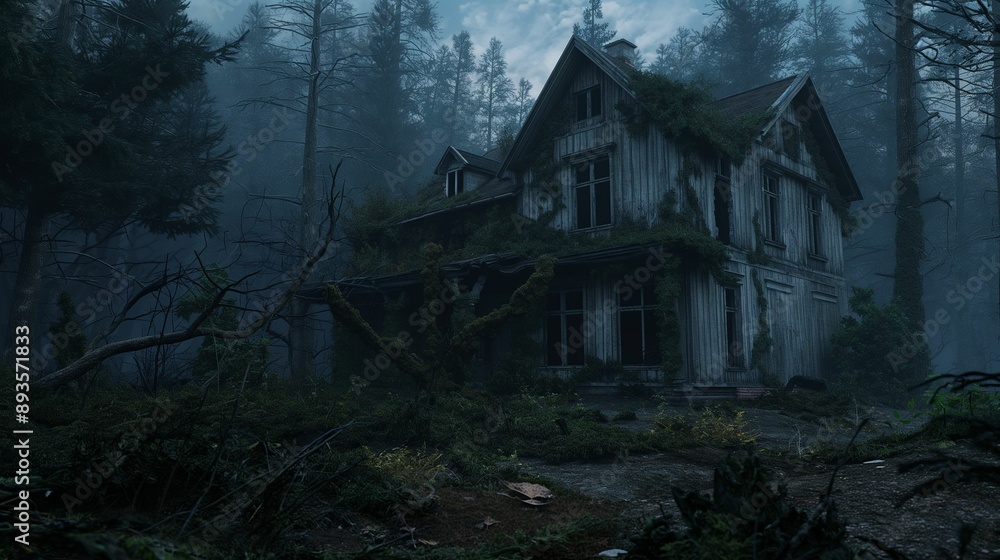 Old abandoned house in dark, misty forest with overgrown vegetation. Old abandoned house in dark, misty forest with overgrown vegetation.