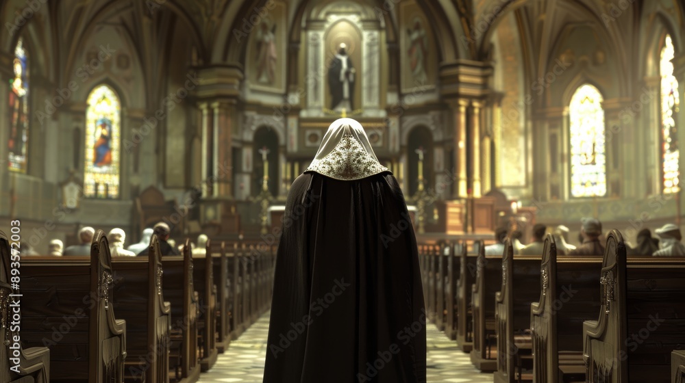 Woman in Black Robe Walking Down Church Aisle Woman in Black Robe Walking Down Church Aisle