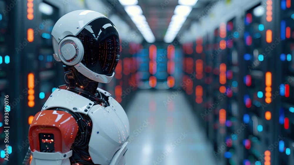 A futuristic robot operating in a data center, highlighting advanced AI technology and automation in a high-tech environment. A futuristic robot operating in a data center, highlighting advanced AI technology and automation in a high-tech environment.