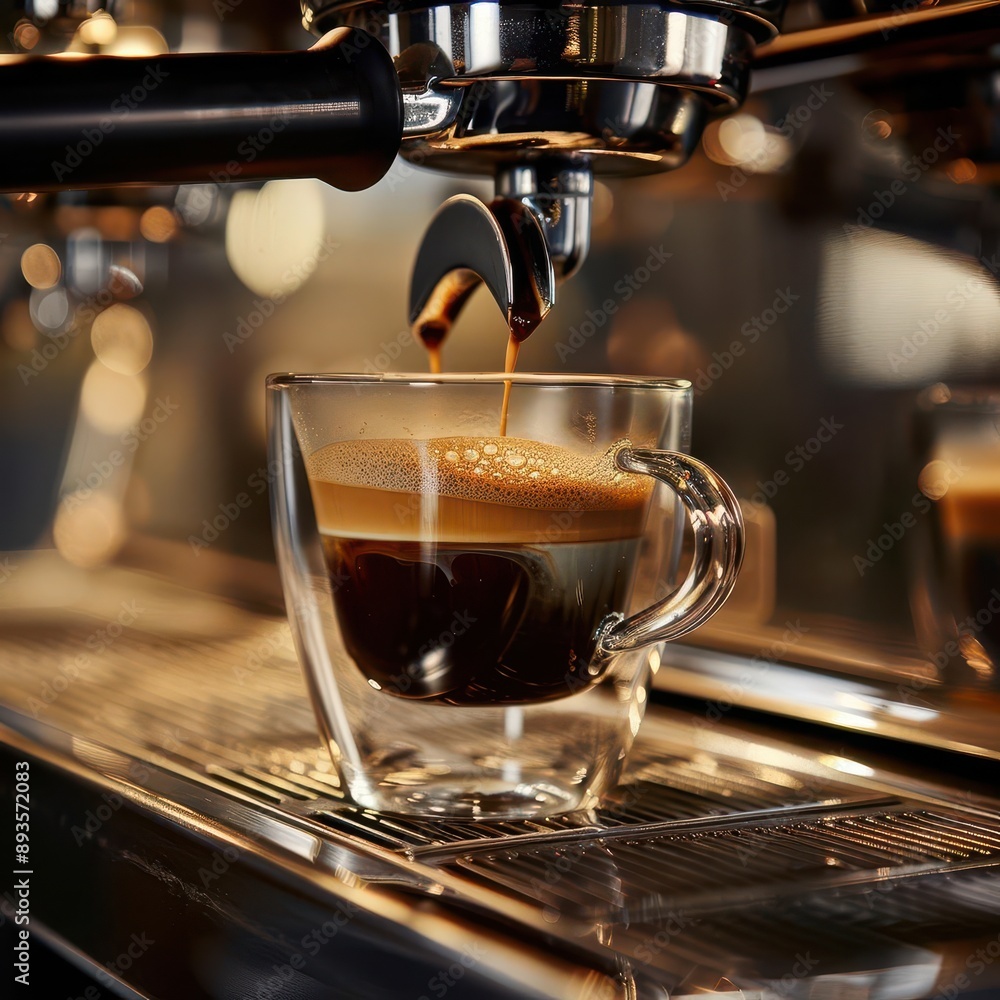 closeup of an espresso shot being pulled from a sleek professional coffee machine with rich crema forming in a transparent cup closeup of an espresso shot being pulled from a sleek professional coffee machine with rich crema forming in a transparent cup