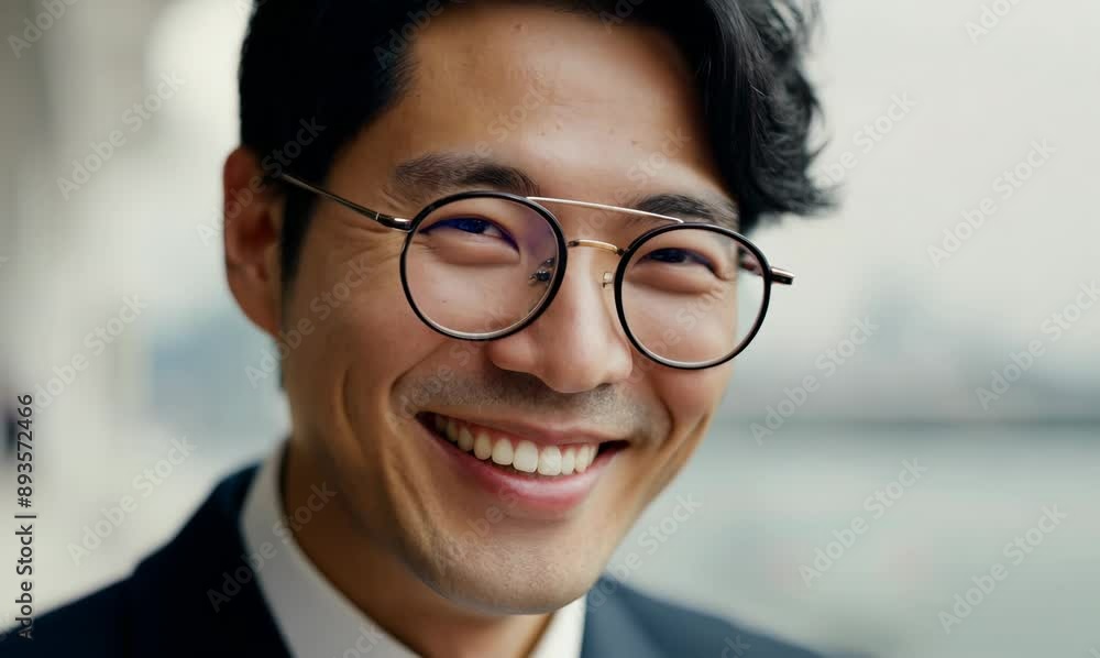 Handsome asian man with eyeglasses smiling at camera Handsome asian man with eyeglasses smiling at camera