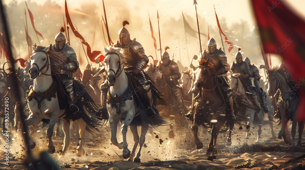 Medieval knights on horseback charge into battle with banners waving, creating a dramatic and dynamic historical scene. Medieval knights on horseback charge into battle with banners waving, creating a dramatic and dynamic historical scene.