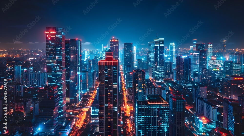 Mesmerizing Nighttime Skyline of a Dynamic Metropolis with Towering Skyscrapers and Vibrant Cityscape Illumination Mesmerizing Nighttime Skyline of a Dynamic Metropolis with Towering Skyscrapers and Vibrant Cityscape Illumination