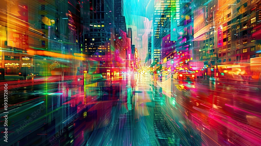 Fototapeta premium Abstract wallpaper with bold neon hues and city lights dynamic scene