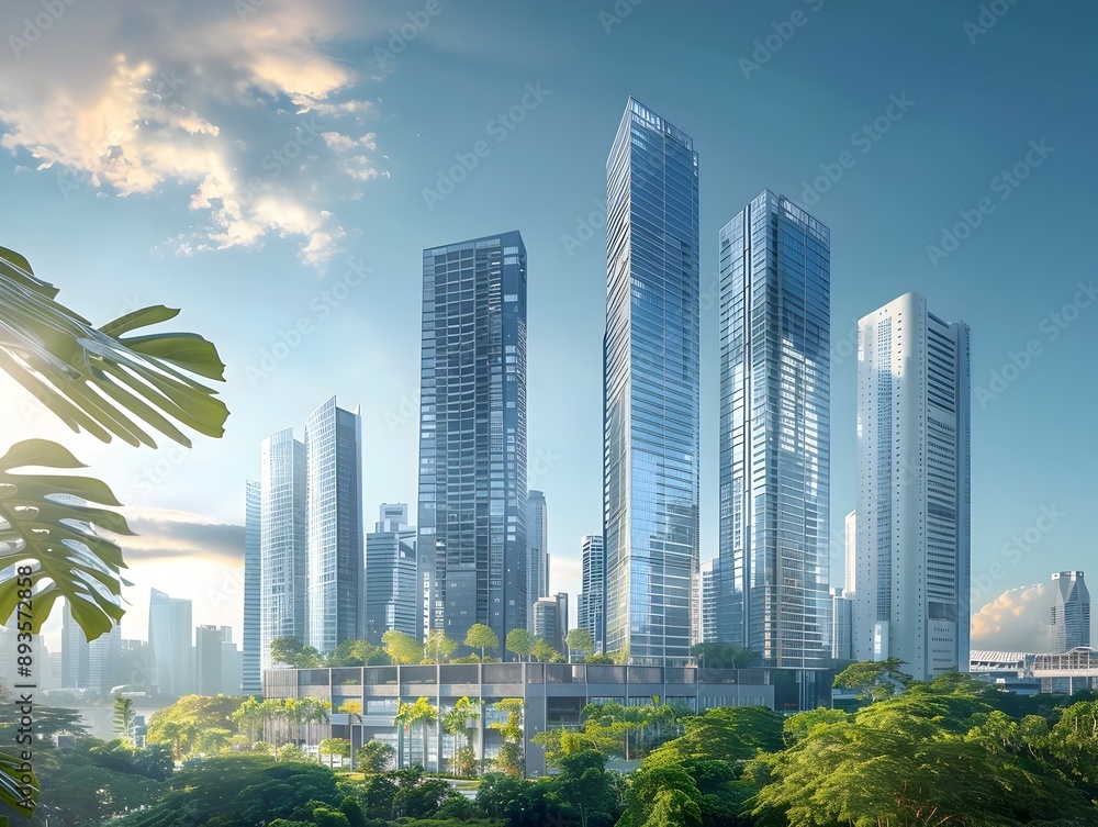 Towering Cityscape of a Thriving Financial District with Modern Skyscrapers and Corporate Offices Towering Cityscape of a Thriving Financial District with Modern Skyscrapers and Corporate Offices