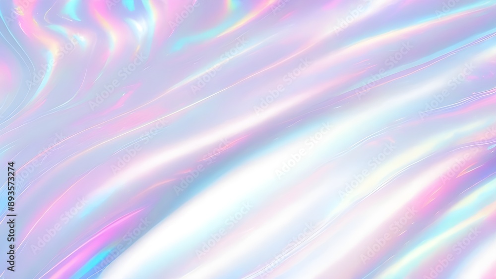 Obraz premium Holographic background light refraction texture overlay effect for photo and mockups. Organic drop diagonal holographic flare on a white wall. Shadows for natural light effects. Blurred rainbow light 
