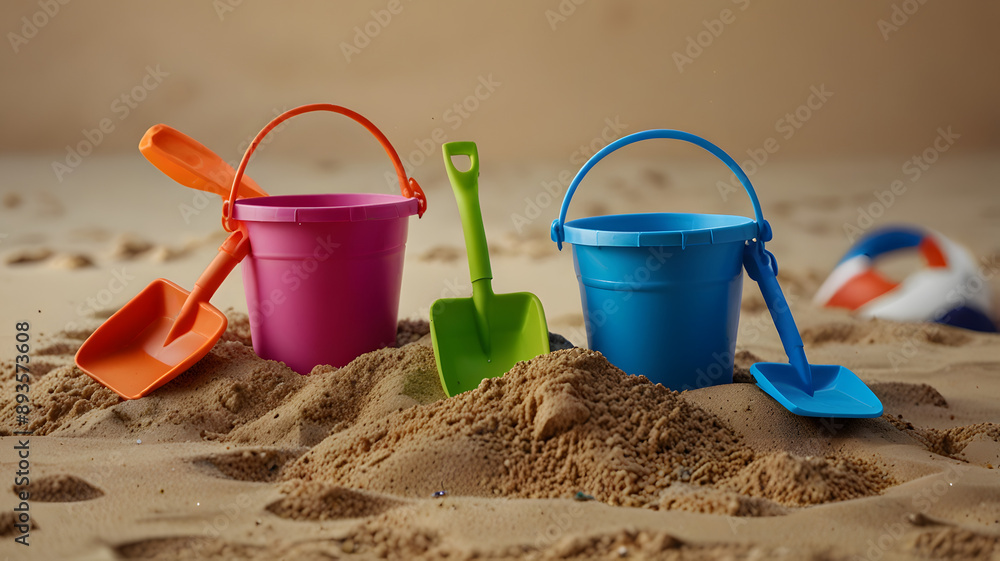 Silicone beach toys, bucket, shovel on sand color background. Silicone beach toys, bucket, shovel on sand color background.