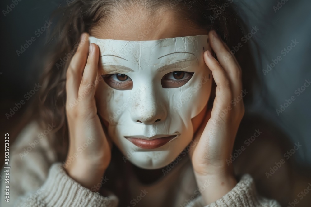 Fototapeta premium A person in a gray sweater holds their face in their hands while wearing a white mask, evoking a sense of mystery and contemplation amidst a solemn background.