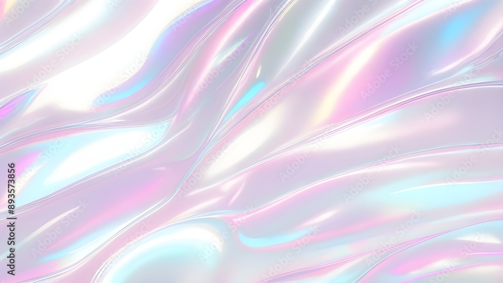 Holographic background light refraction texture overlay effect for photo and mockups. Organic drop diagonal holographic flare on a white wall. Shadows for natural light effects. Blurred rainbow light
