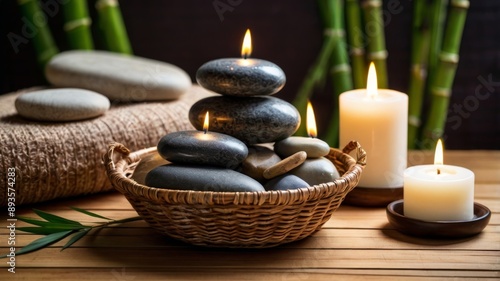 Basket of massage stones with candles and bamboo stems, creating a soothing atmosphere in a holistic