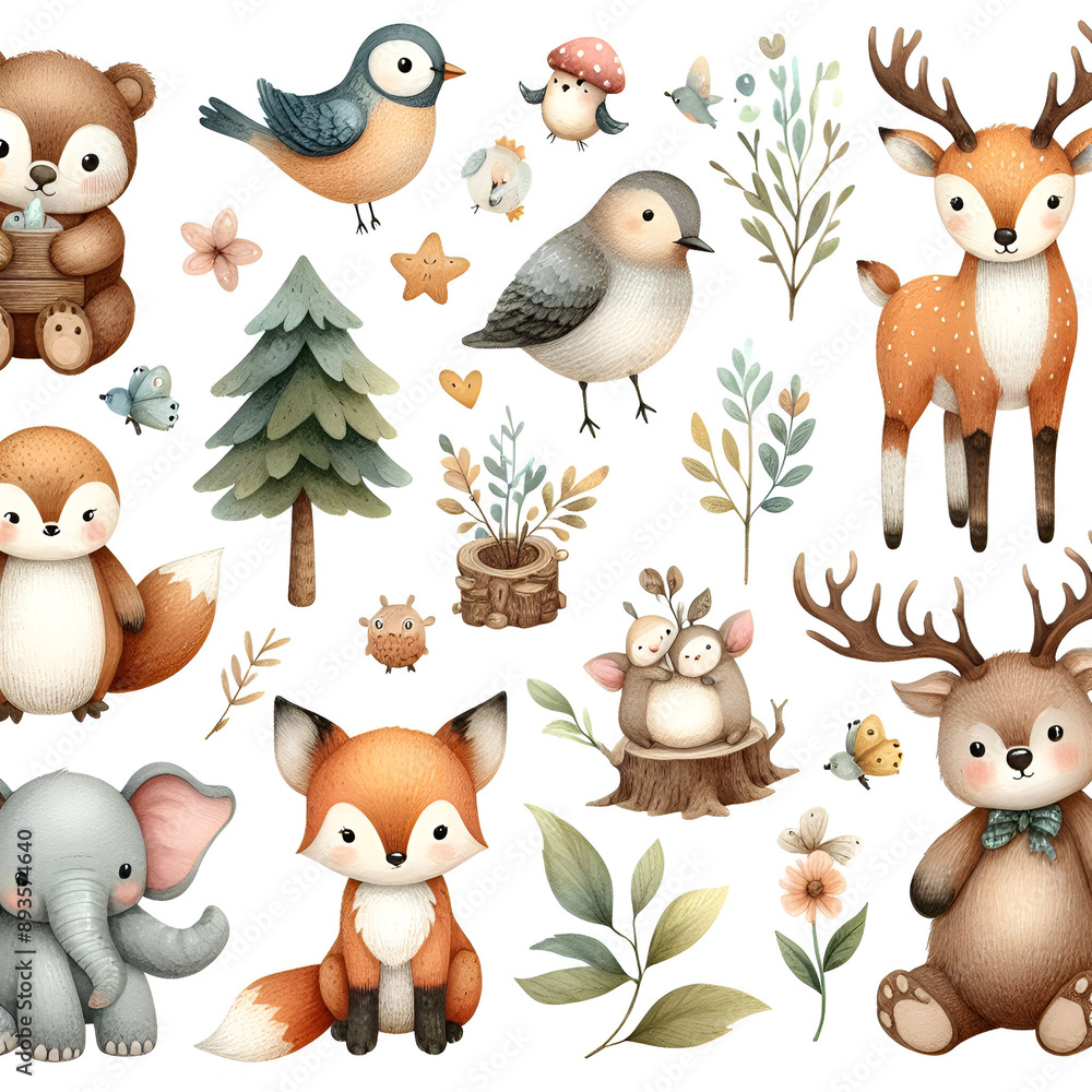 Naklejka premium Woodland cartoon cute Animals watercolor illustration