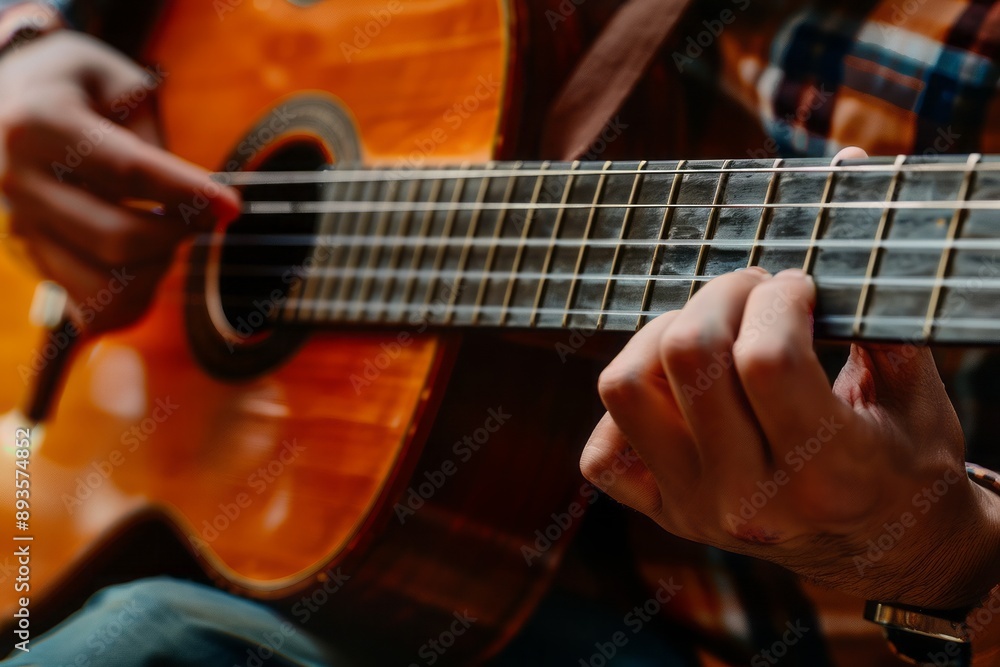 Fototapeta premium A close-up of a musician's hands playing an acoustic guitar, with focus on the strings and fingers.