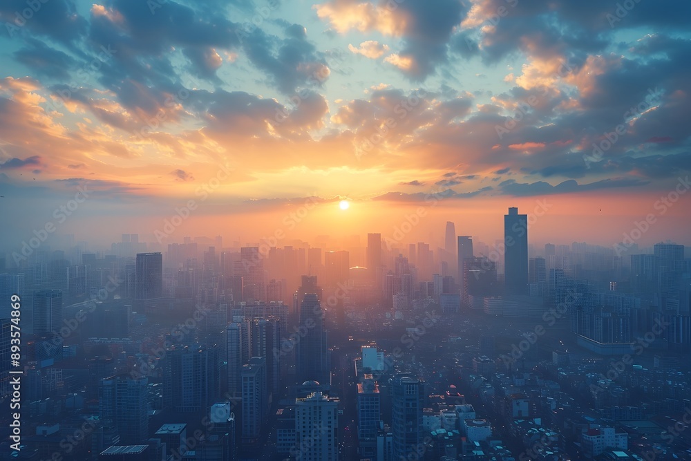Fototapeta premium Serene Urban Skyline at Dawn with Towering Skyscrapers and Soft Glowing Light