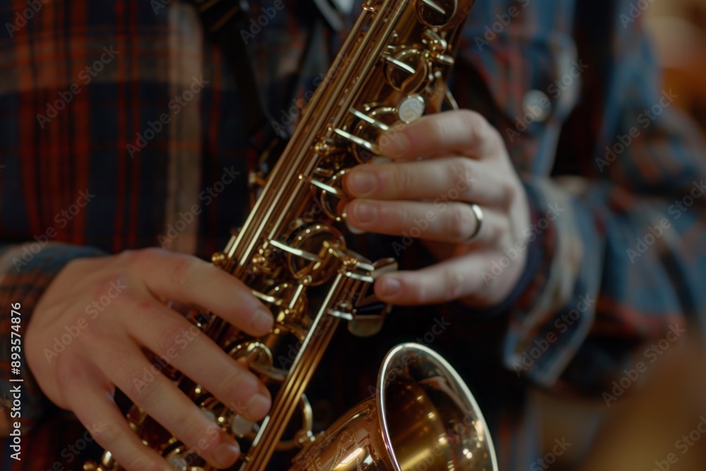 Obraz premium A close-up of a saxophonist's hands and saxophone keys, highlighting the brass texture