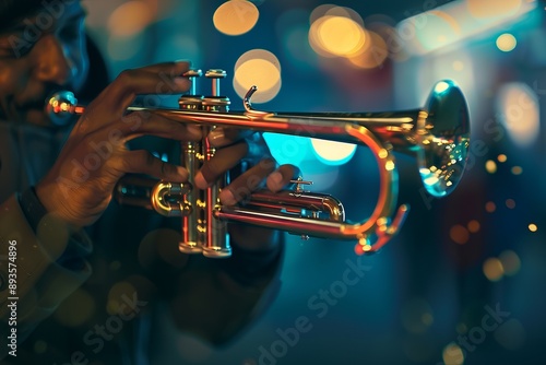 A close-up of a trumpet player's hands and trumpet, with a blurred background. photo