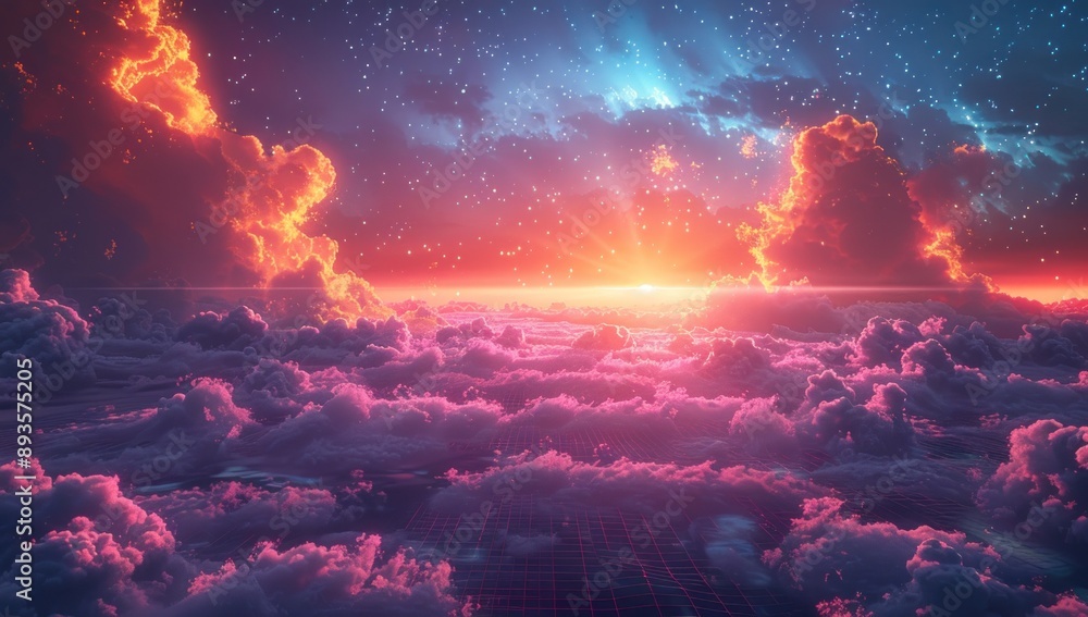 Fototapeta premium Sunrise Above the Clouds with Retro Grid