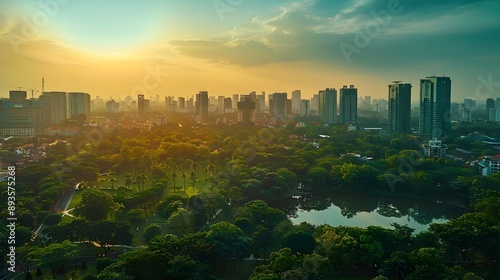 Breathtaking Cityscape with Skyscrapers and Lush Green Spaces Capturing the Urban Environment at Sunrise or Sunset © Thares2020