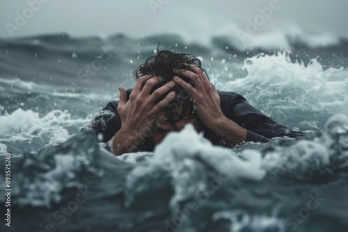 The image depicts a distressed man in a rough sea, clutching his head with both hands. The powerful waves and harsh conditions highlight a sense of intense struggle and anxiety. photo