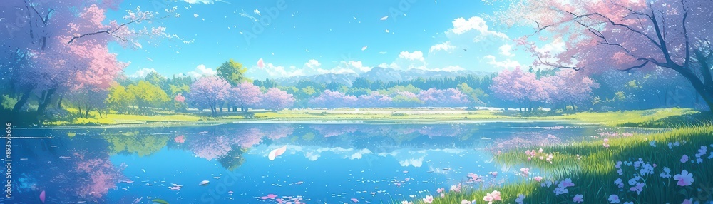 Serene anime lakeside view with cherry blossoms reflecting in the water, soft pink petals covering the ground, anime landscape, reflective tranquility Serene anime lakeside view with cherry blossoms reflecting in the water, soft pink petals covering the ground, anime landscape, reflective tranquility